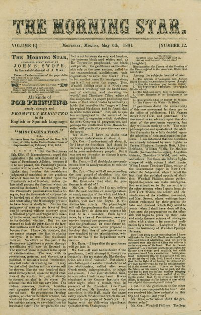 Article about Proposed Legislation on Miscegenation and News of the Civil War by Morning Star